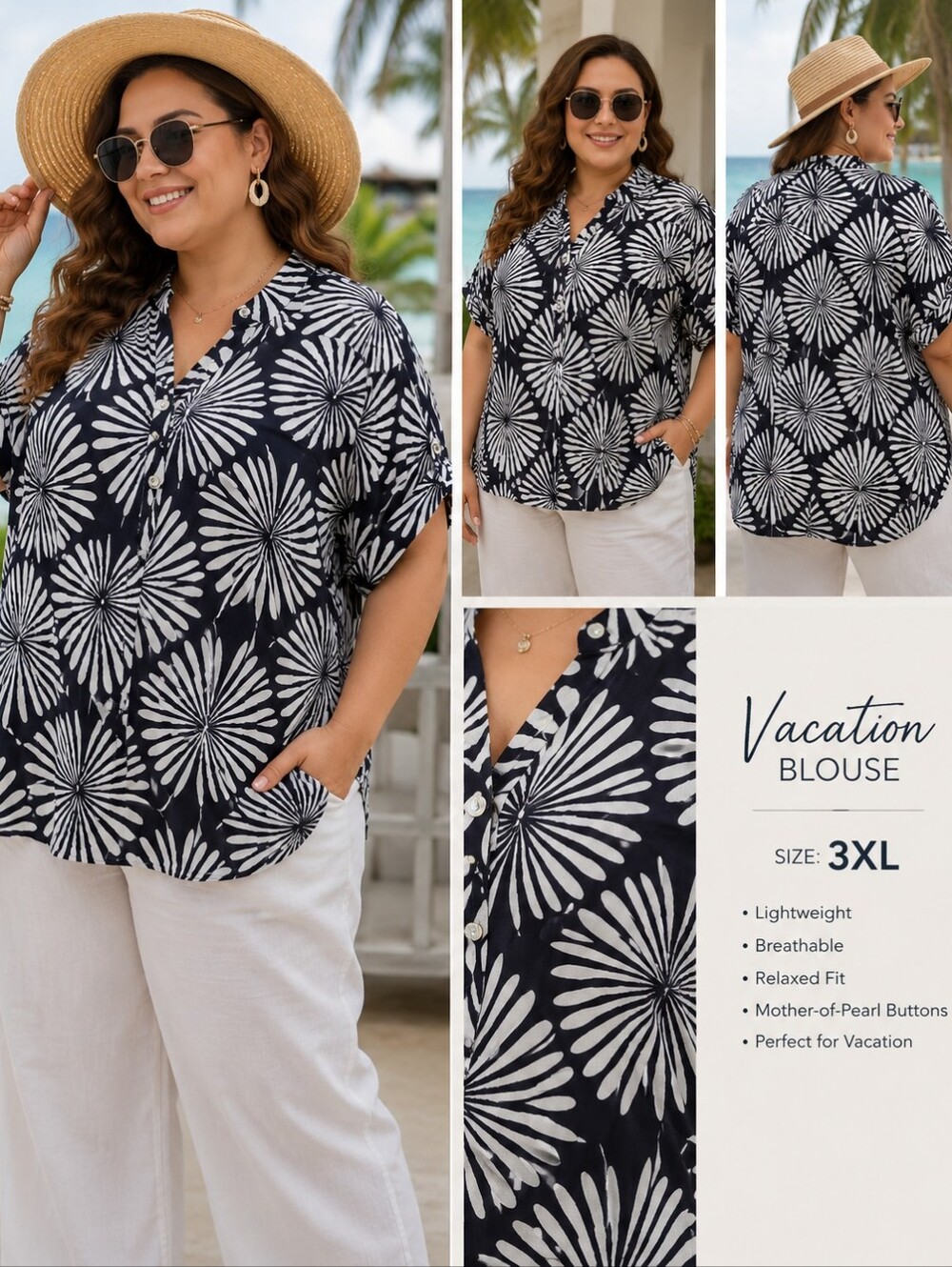 J Joie Navy Blue/White Palm Leaf Pattern Shirt Sz 3XL Mother-of-pearls Buttons